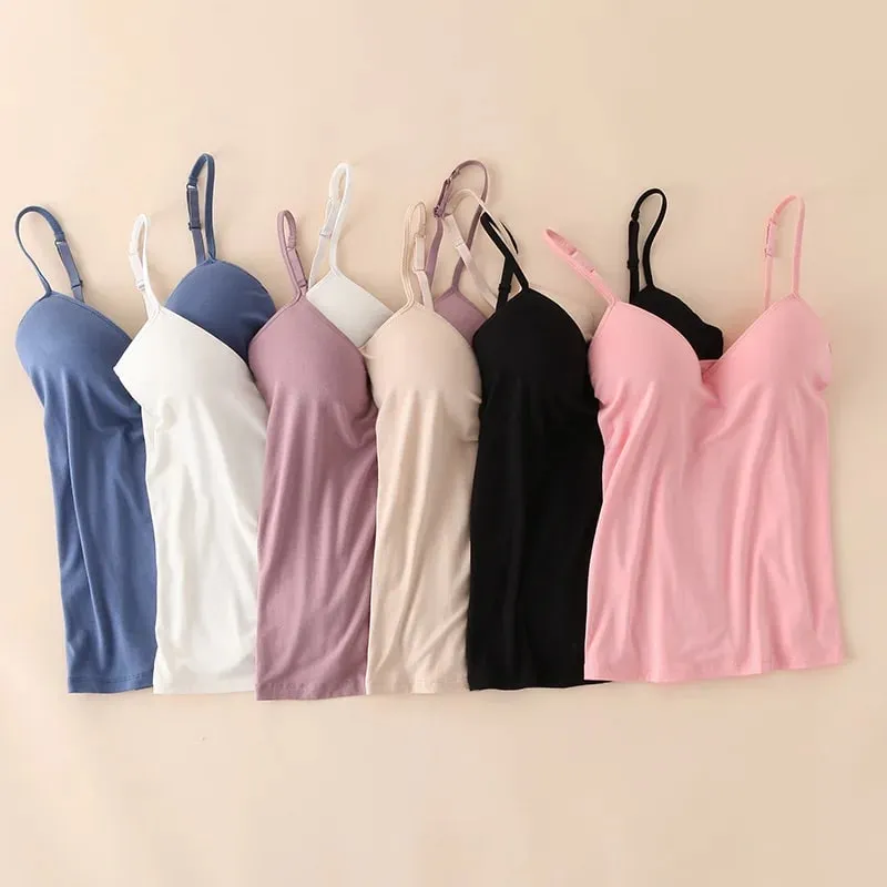 2024 Retro Vintage Basic&Casual Contracted wind Women Padded Bra Spaghetti Strap V Neck Vest Cami Tank Tops Shirt Blouse