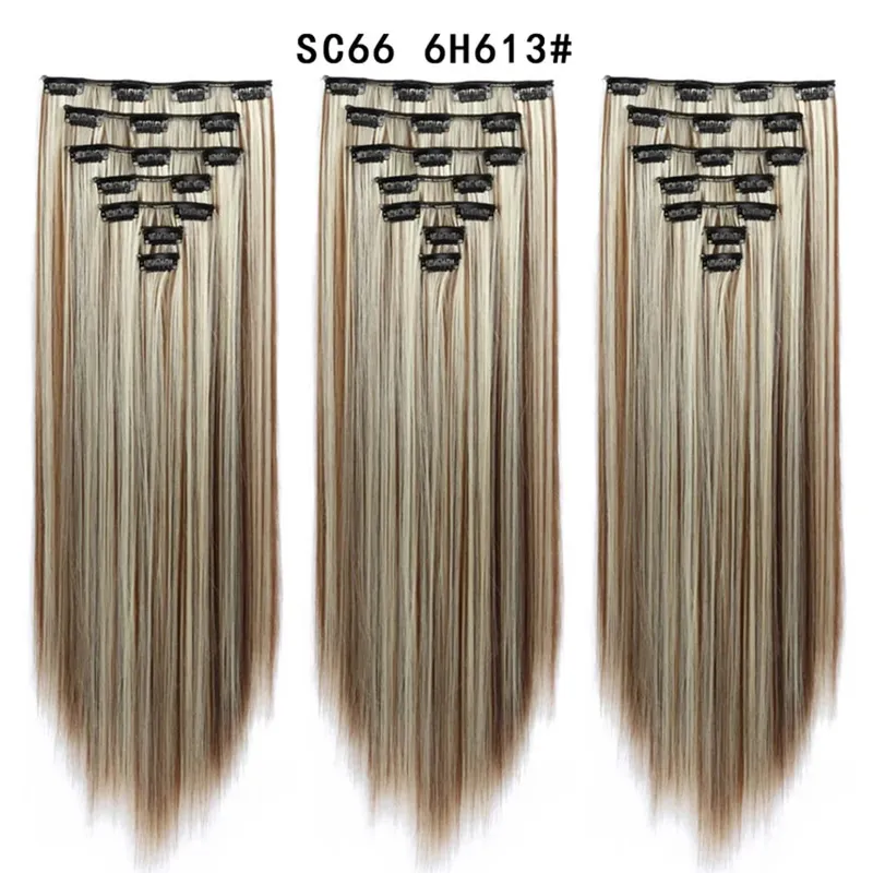22Inch Synthetic Long Straight Clip In Hair Extensions 16 Clips For Women Fake False Hair Pieces Ombre Black Blonde Styling Hair