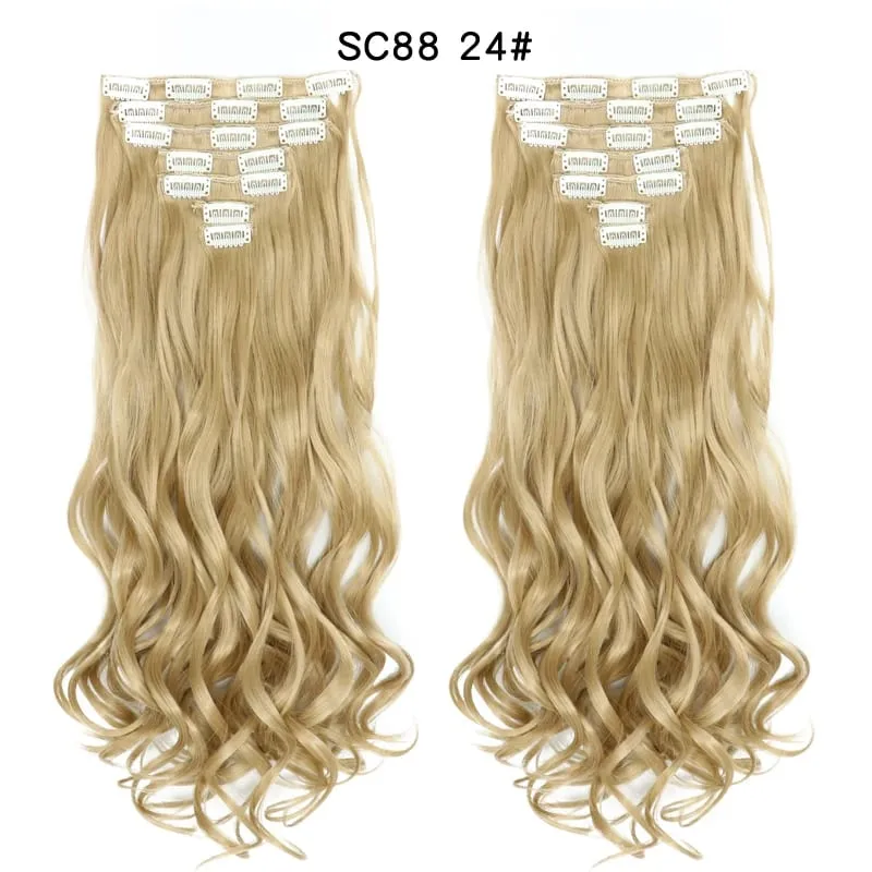 22Inch Curly 16 Clips in Hair Extension Ombre Blue Gray Synthetic Fake Hairpieces Highlight Heat Resistent Fiber For White Women