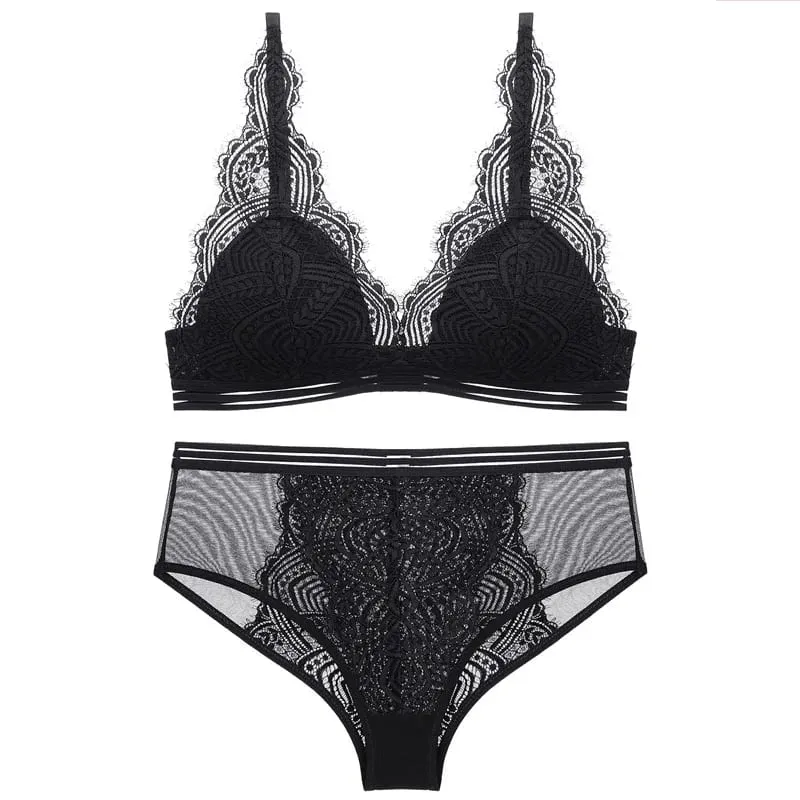Ince Çizgili Kablosuz Dantel Üçgen Fincan Sutyen ve Külot Seti Iç Çamaşırı Kadın Seksi Fransız Lingerie Kız Sutyen Bralette