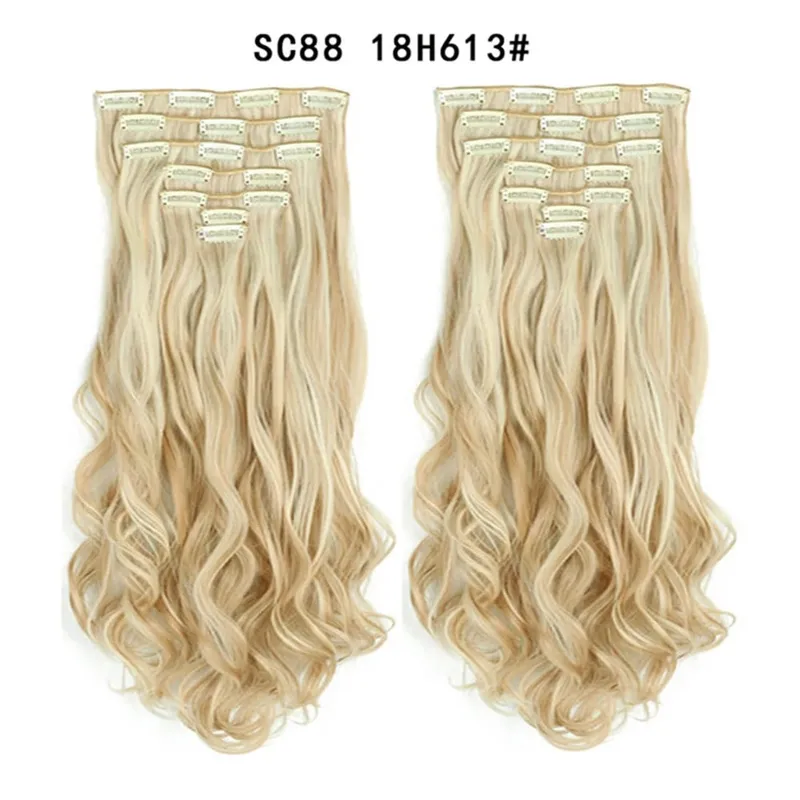 22Inch Curly 16 Clips in Hair Extension Ombre Blue Gray Synthetic Fake Hairpieces Highlight Heat Resistent Fiber For White Women