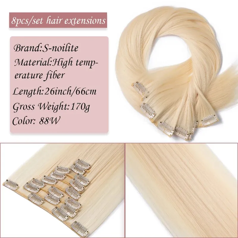 S-noilite Synthetic Clip In Hair Extensions Long Straight Clip In 8pcs/set Hairpieces 26inch Pure Color Pale Blonde Clip In Hair