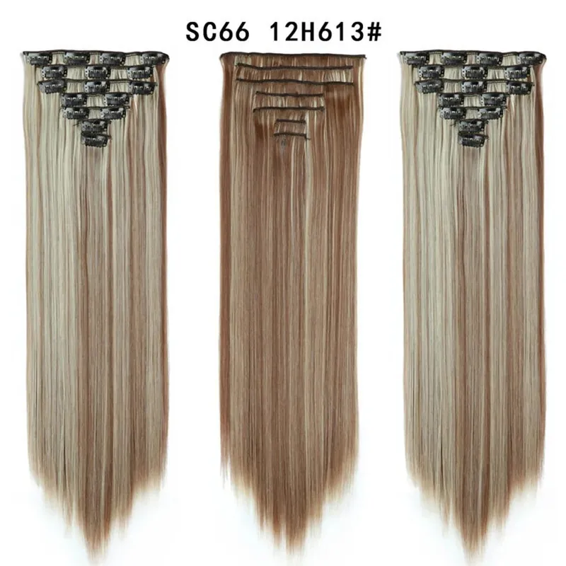 22Inch Synthetic Long Straight Clip In Hair Extensions 16 Clips For Women Fake False Hair Pieces Ombre Black Blonde Styling Hair
