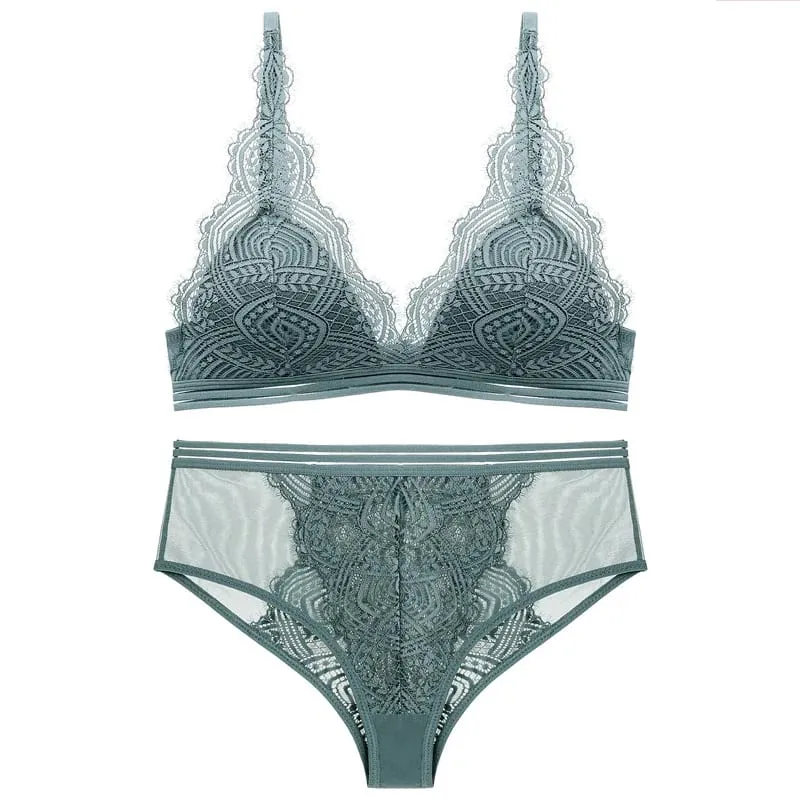 Ince Çizgili Kablosuz Dantel Üçgen Fincan Sutyen ve Külot Seti Iç Çamaşırı Kadın Seksi Fransız Lingerie Kız Sutyen Bralette — image 3
