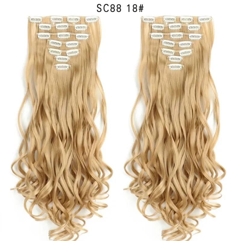 22Inch Curly 16 Clips in Hair Extension Ombre Blue Gray Synthetic Fake Hairpieces Highlight Heat Resistent Fiber For White Women