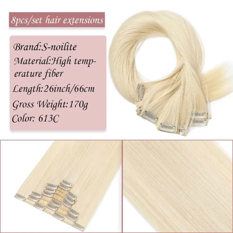 S-noilite Synthetic Clip In Hair Extensions Long Straight Clip In 8pcs/set Hairpieces 26inch Pure Color Pale Blonde Clip In Hair