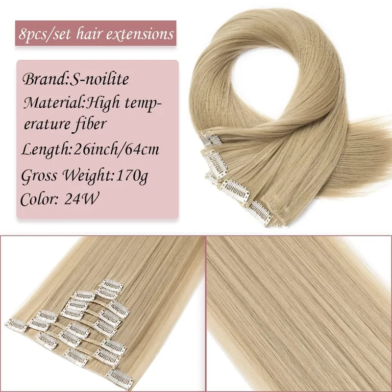 S-noilite Synthetic Clip In Hair Extensions Long Straight Clip In 8pcs/set Hairpieces 26inch Pure Color Pale Blonde Clip In Hair