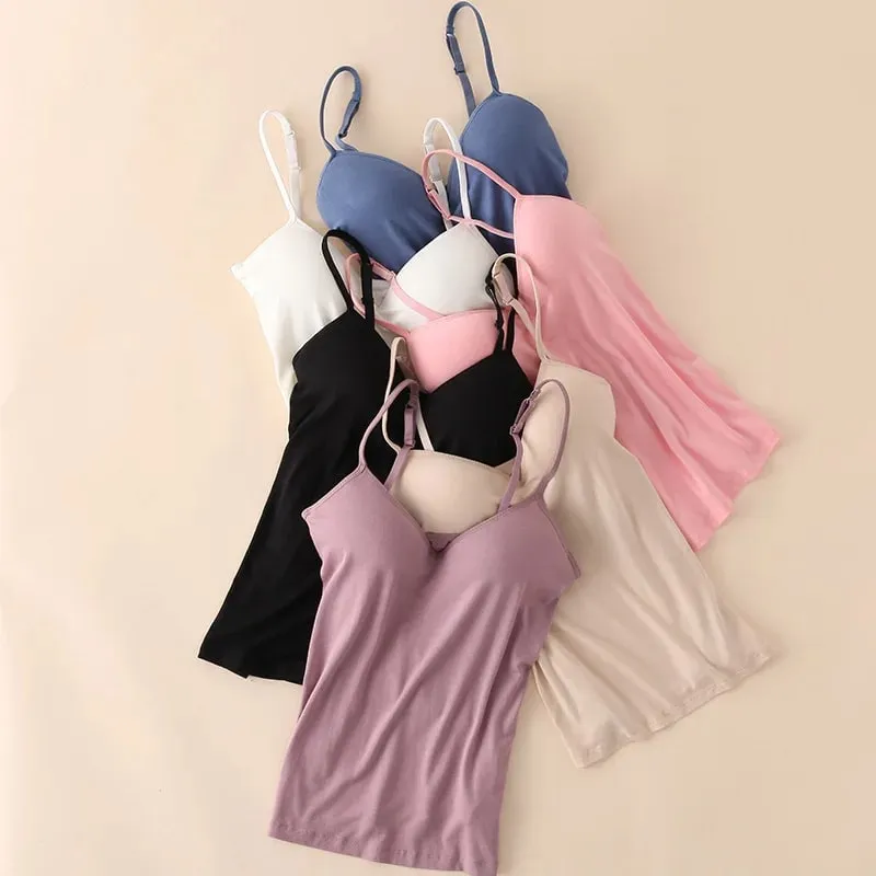 Women's Padded Bra Spaghetti Strap V Neck Vest Cami Tank Tops Shirt Blouse