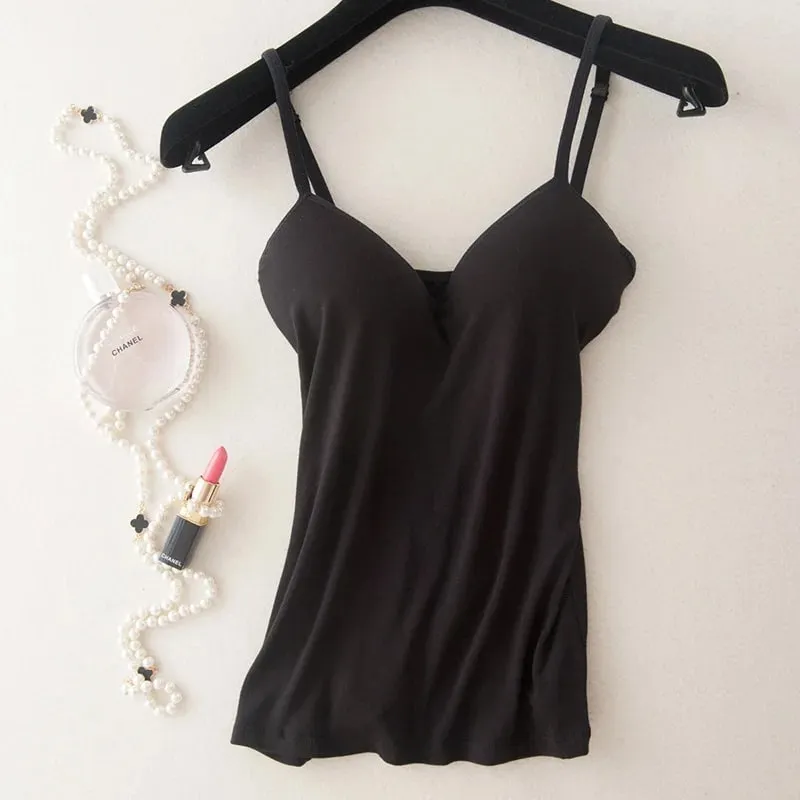 Women's Padded Bra Spaghetti Strap V Neck Vest Cami Tank Tops Shirt Blouse