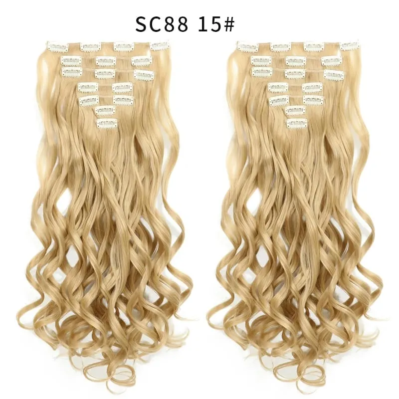 22Inch Curly 16 Clips in Hair Extension Ombre Blue Gray Synthetic Fake Hairpieces Highlight Heat Resistent Fiber For White Women