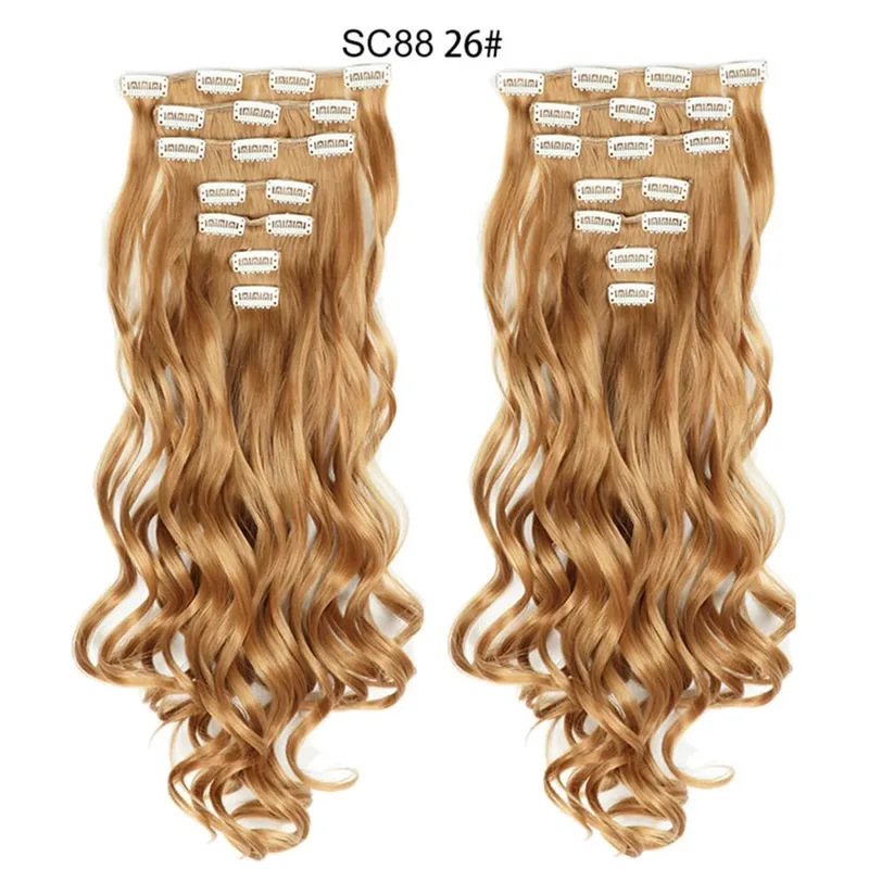22Inch Curly 16 Clips in Hair Extension Ombre Blue Gray Synthetic Fake Hairpieces Highlight Heat Resistent Fiber For White Women
