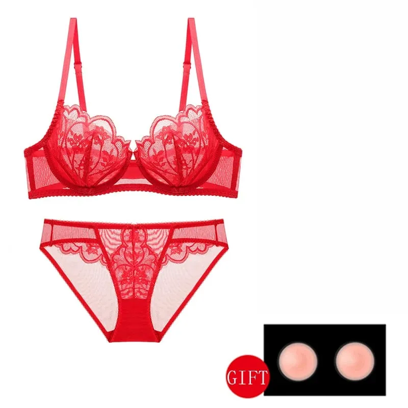 White Lace Transparent Sexy Bra And Panty Sets Plus Size D E Cup Floral Mesh Women's Underwear Red Bras Lingerie Set For Ladies