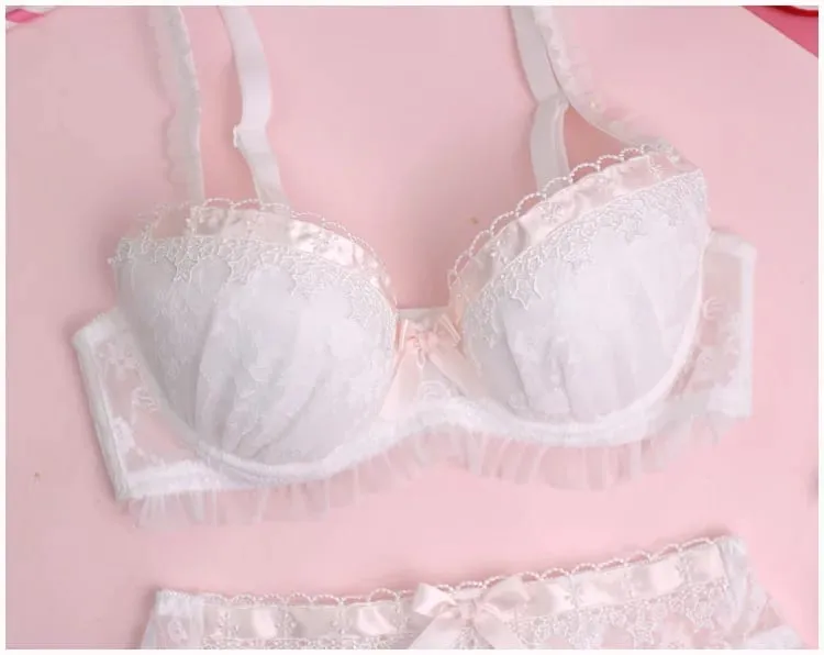 Girls water soluble lace thin section lingerie comfortable gather bra set ladies solid color underwear cute and sexy bralette — image 3