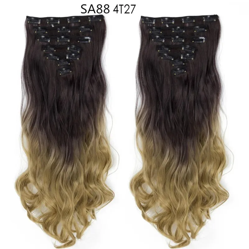 22Inch Curly 16 Clips in Hair Extension Ombre Blue Gray Synthetic Fake Hairpieces Highlight Heat Resistent Fiber For White Women