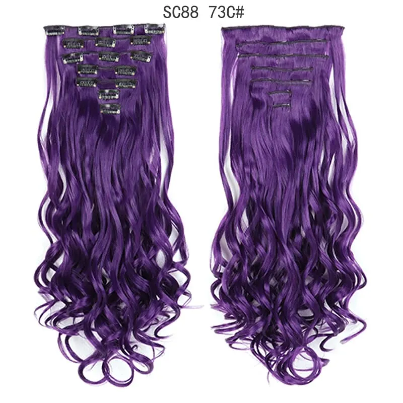 22Inch Curly 16 Clips in Hair Extension Ombre Blue Gray Synthetic Fake Hairpieces Highlight Heat Resistent Fiber For White Women