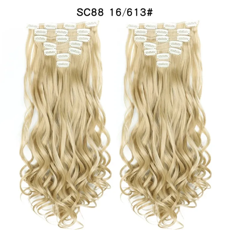22Inch Curly 16 Clips in Hair Extension Ombre Blue Gray Synthetic Fake Hairpieces Highlight Heat Resistent Fiber For White Women