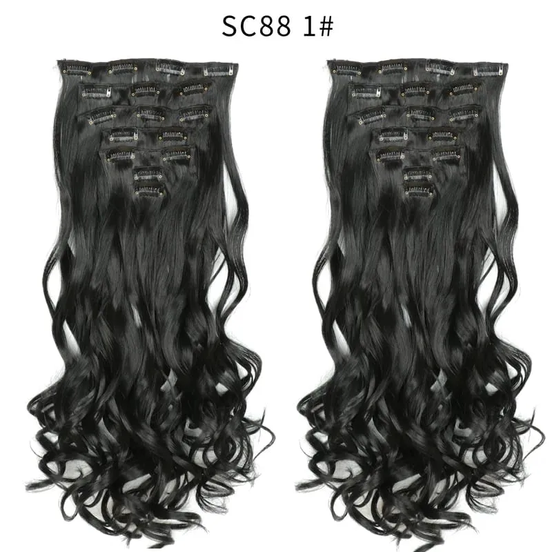 22Inch Curly 16 Clips in Hair Extension Ombre Blue Gray Synthetic Fake Hairpieces Highlight Heat Resistent Fiber For White Women