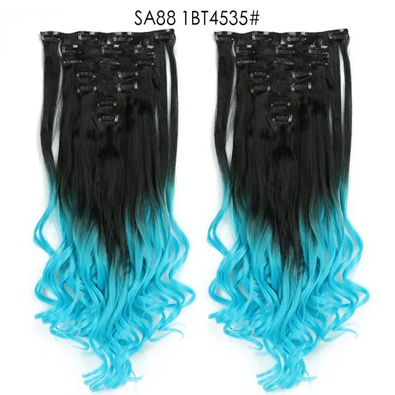 22Inch Curly 16 Clips in Hair Extension Ombre Blue Gray Synthetic Fake Hairpieces Highlight Heat Resistent Fiber For White Women
