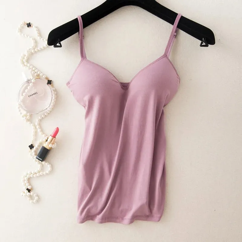 Women's Padded Bra Spaghetti Strap V Neck Vest Cami Tank Tops Shirt Blouse