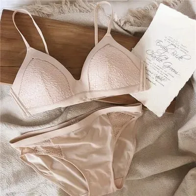 Set reggiseno sexy senza fili in cotone sottile con coppa in pizzo, reggiseno e mutandine alla moda, set intimo senza pietre, slip bralette da donna