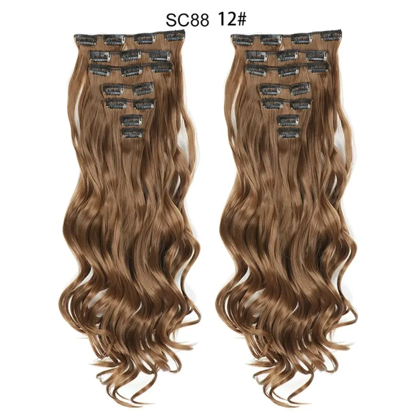 22Inch Curly 16 Clips in Hair Extension Ombre Blue Gray Synthetic Fake Hairpieces Highlight Heat Resistent Fiber For White Women