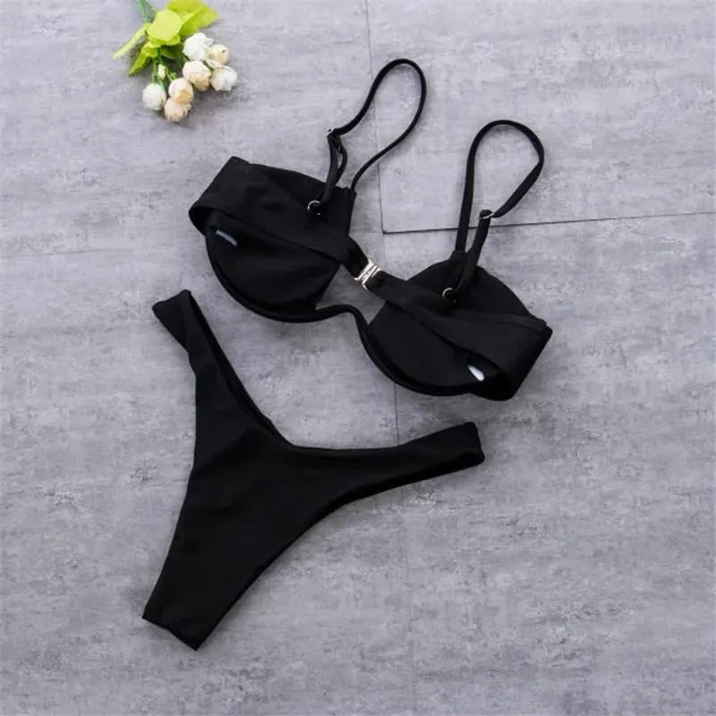 Women 2PCS Bikini Set Solid Color Wire Padded V-Shaped Back Buckle Bra Triangle High Waist Panty Summer Swimming Set Underwear — image 1
