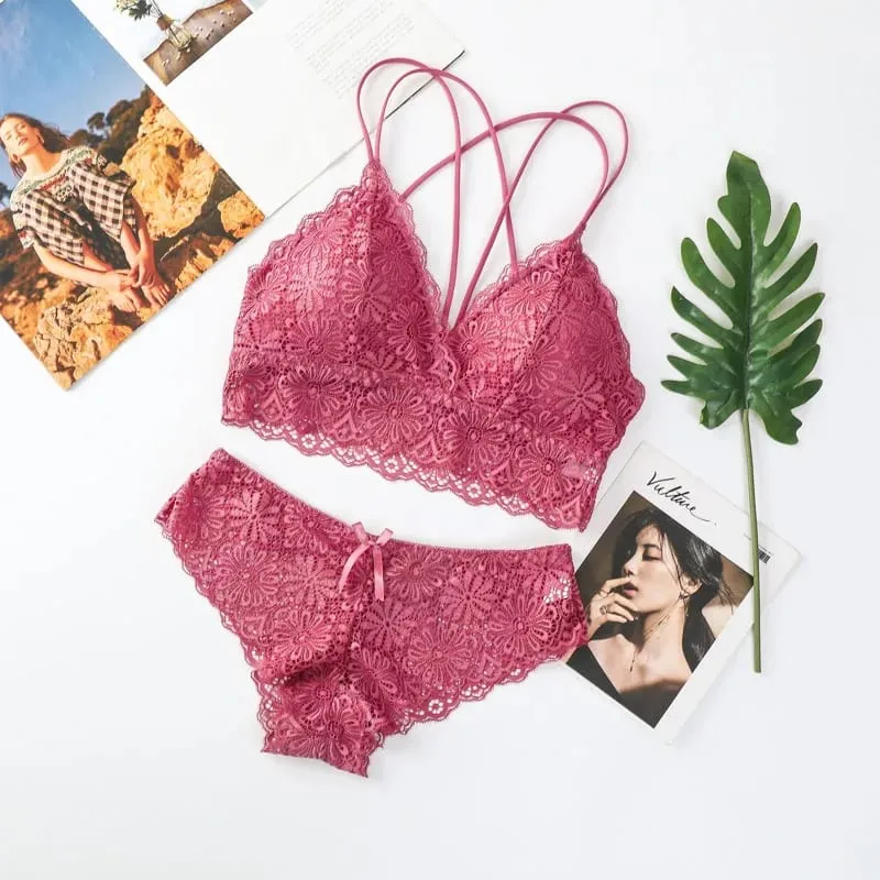 Women Lace Sexy Lingerie Set Push Up Bra Low-Rise Panties Underwear Set Sexy Wireless Bralette Comfort Breathable Brief Set