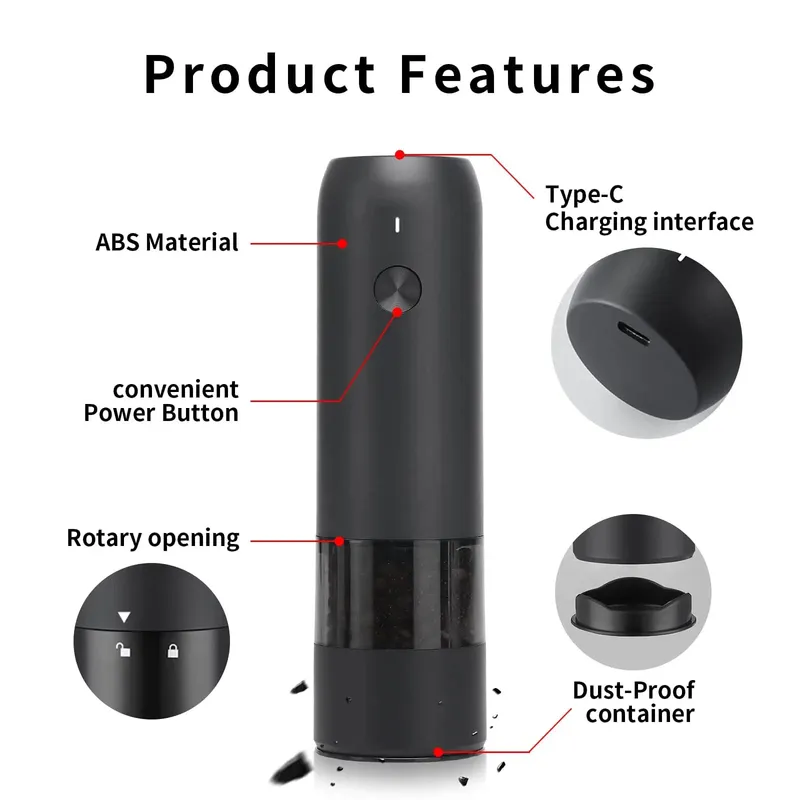 Electric Automatic Salt and Pepper Grinder Set Rechargeable With USB Gravity Spice Mill Adjustable Spices Grinder Kitchen Tools