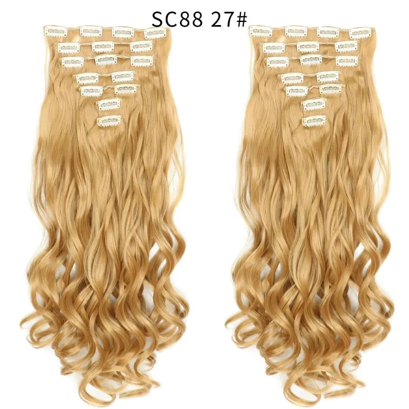 22Inch Curly 16 Clips in Hair Extension Ombre Blue Gray Synthetic Fake Hairpieces Highlight Heat Resistent Fiber For White Women