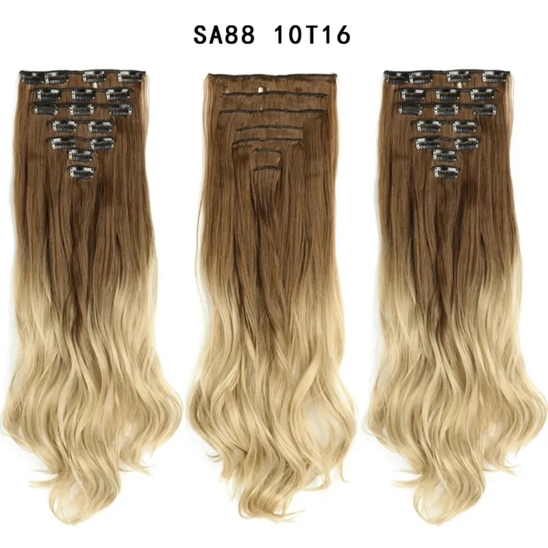 22Inch Curly 16 Clips in Hair Extension Ombre Blue Gray Synthetic Fake Hairpieces Highlight Heat Resistent Fiber For White Women