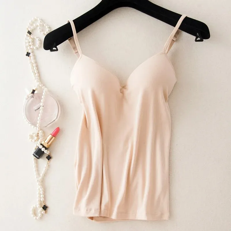 Women's Padded Bra Spaghetti Strap V Neck Vest Cami Tank Tops Shirt Blouse
