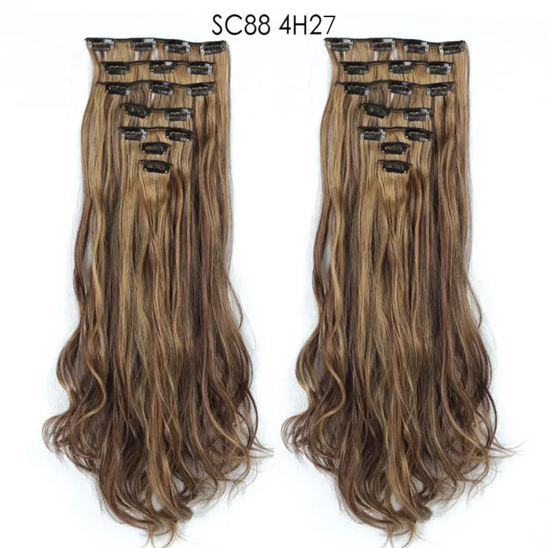 22Inch Curly 16 Clips in Hair Extension Ombre Blue Gray Synthetic Fake Hairpieces Highlight Heat Resistent Fiber For White Women