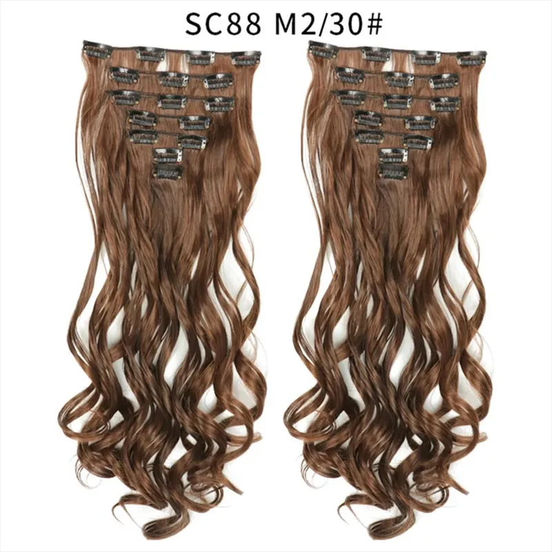 22Inch Curly 16 Clips in Hair Extension Ombre Blue Gray Synthetic Fake Hairpieces Highlight Heat Resistent Fiber For White Women