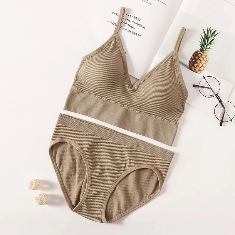 Women Bra Panties Set Seamless Bra Cropped Bralette Crop Top Low Back Brassieres Sexy Lingerie Push Up Bra Sexy Underwear Set