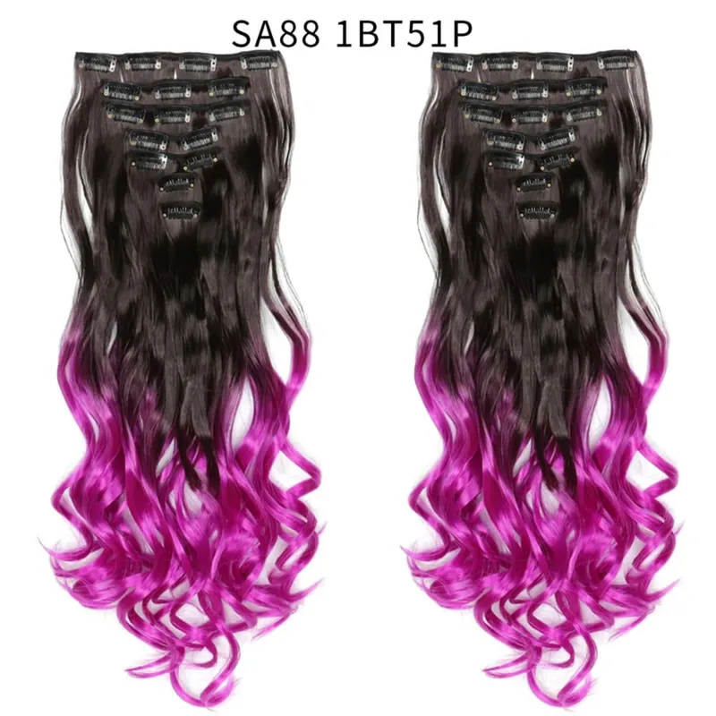 22Inch Curly 16 Clips in Hair Extension Ombre Blue Gray Synthetic Fake Hairpieces Highlight Heat Resistent Fiber For White Women