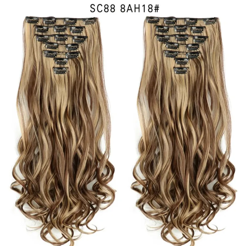 22Inch Curly 16 Clips in Hair Extension Ombre Blue Gray Synthetic Fake Hairpieces Highlight Heat Resistent Fiber For White Women