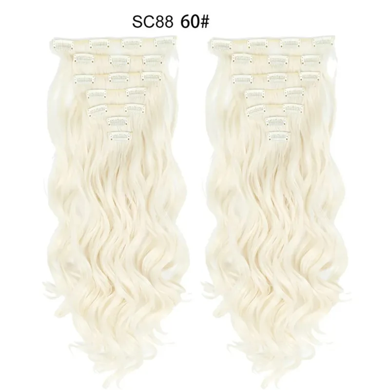 22Inch Curly 16 Clips in Hair Extension Ombre Blue Gray Synthetic Fake Hairpieces Highlight Heat Resistent Fiber For White Women