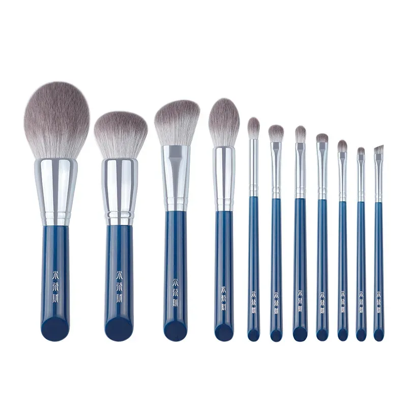 11pcs/Set Blue Makeup brushes Set Foundation Blusher Bronzer sculpting Highlighter Eye shadow eyebrow Make up brush Grey hair
