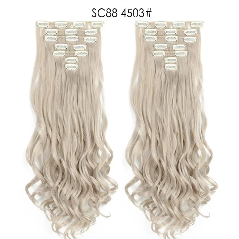 22Inch Curly 16 Clips in Hair Extension Ombre Blue Gray Synthetic Fake Hairpieces Highlight Heat Resistent Fiber For White Women