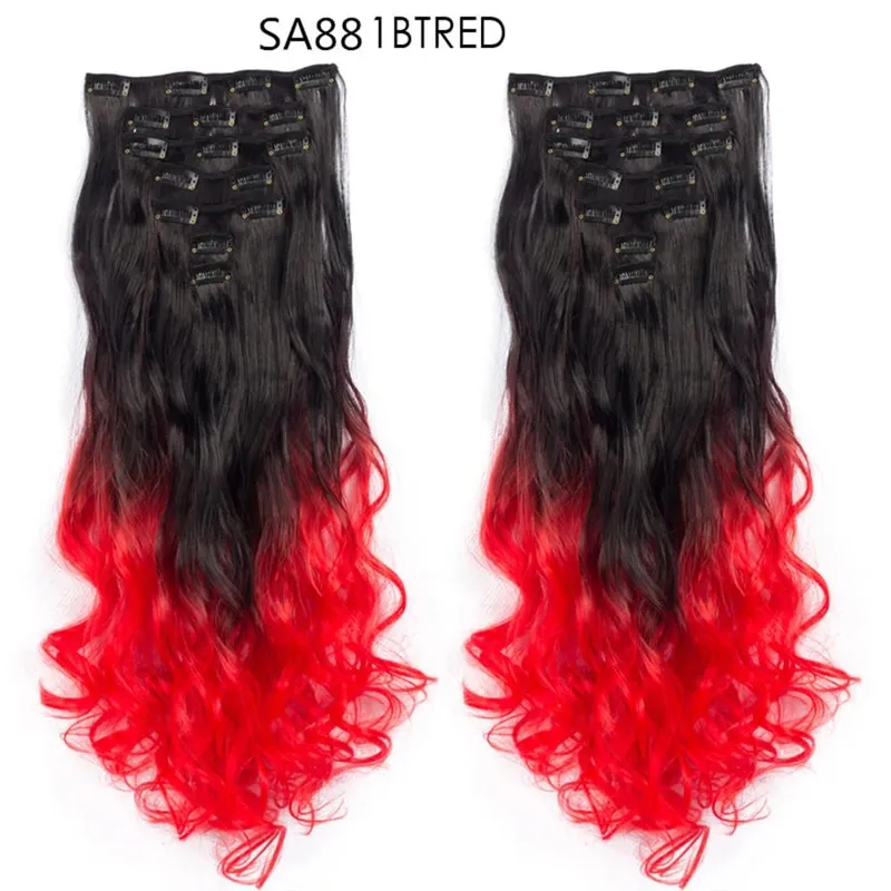 22Inch Curly 16 Clips in Hair Extension Ombre Blue Gray Synthetic Fake Hairpieces Highlight Heat Resistent Fiber For White Women