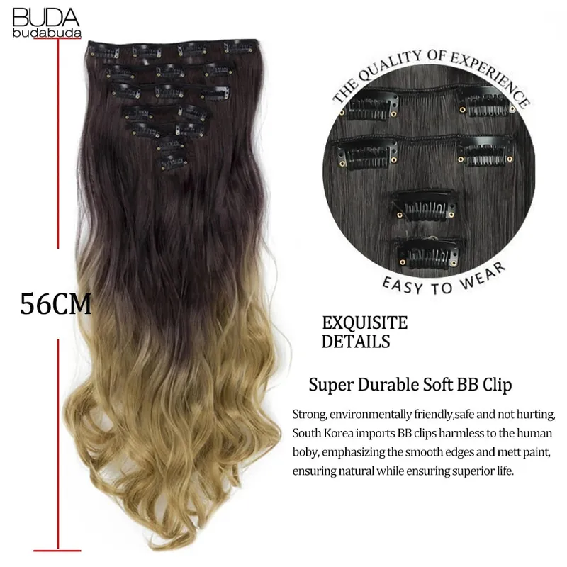 22Inch Curly 16 Clips in Hair Extension Ombre Blue Gray Synthetic Fake Hairpieces Highlight Heat Resistent Fiber For White Women
