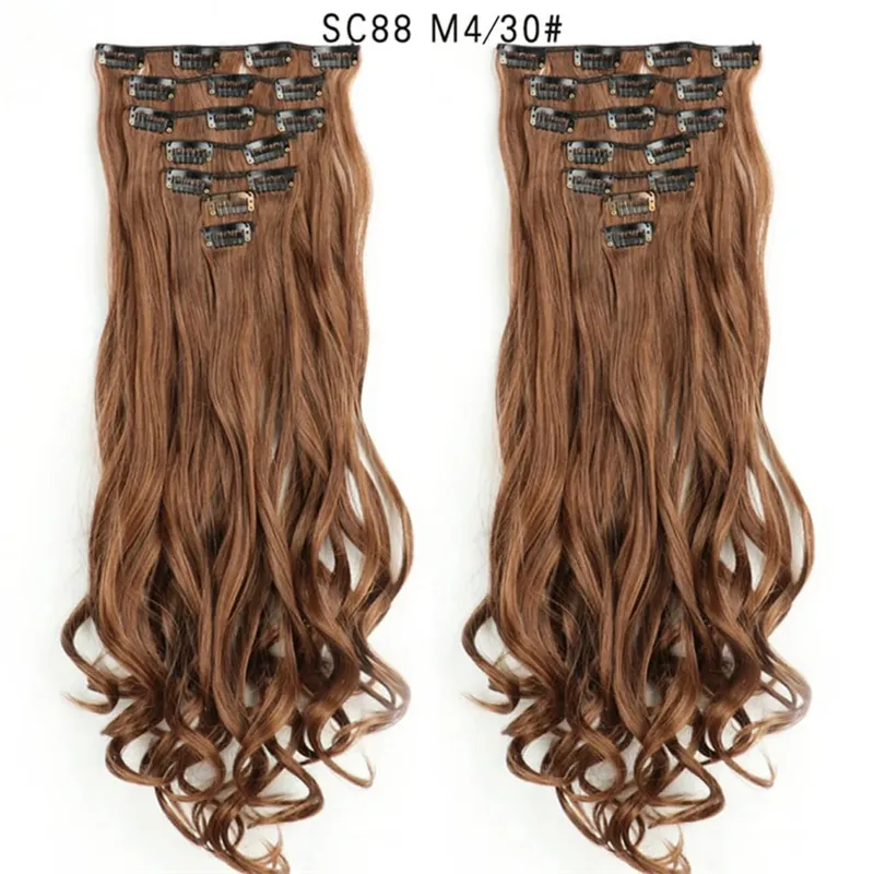 22Inch Curly 16 Clips in Hair Extension Ombre Blue Gray Synthetic Fake Hairpieces Highlight Heat Resistent Fiber For White Women