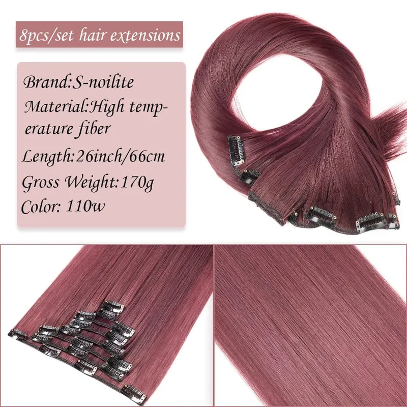 S-noilite Synthetic Clip In Hair Extensions Long Straight Clip In 8pcs/set Hairpieces 26inch Pure Color Pale Blonde Clip In Hair