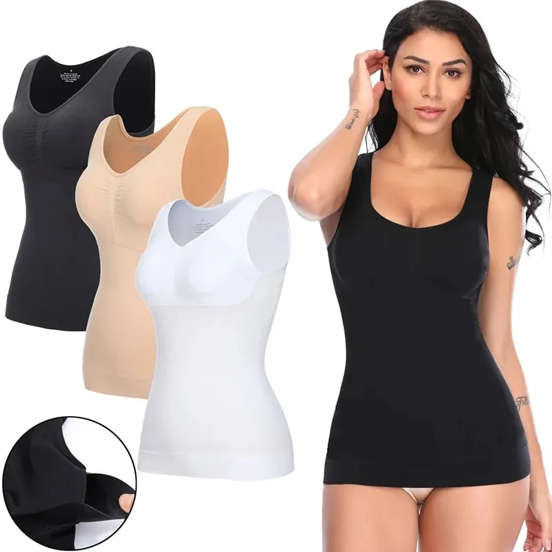 Tank Top untuk Wanita dengan Bra Rak Bra Bawaan Kamisol Dasar Tali Lebar Kasual Pembentuk Atasan Tanpa Lengan dengan Bra yang Dapat Dilepas
