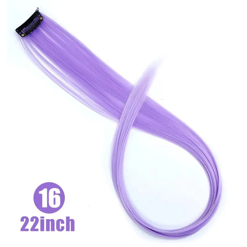 22 Inch Synthetic Colored Highlight Hair Extensions Rainbow Long Straight Hairpieces for Women Kids Girls Purple Pink Blue