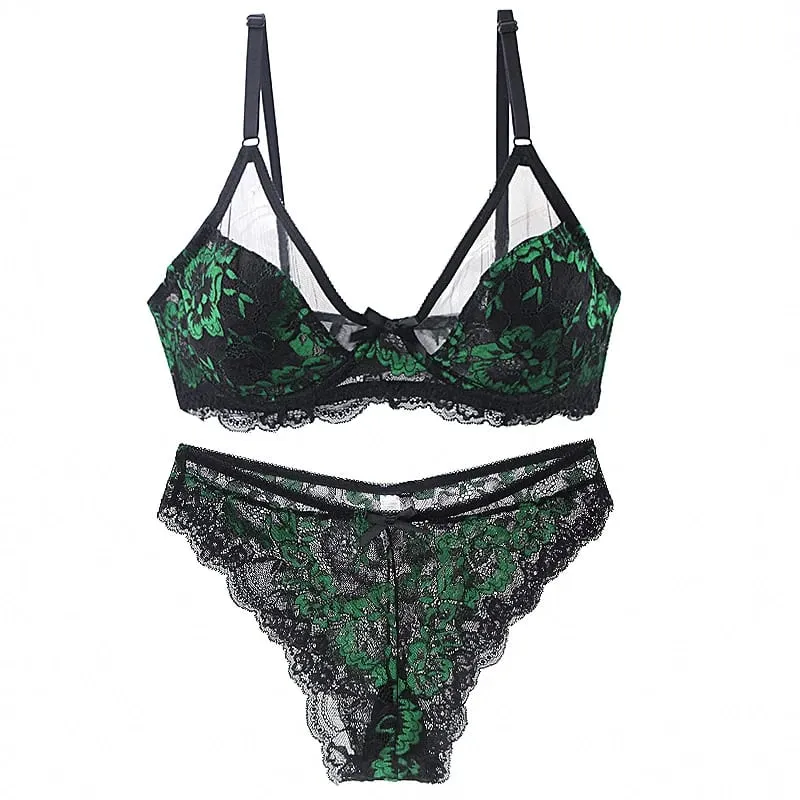 Women Ultra-thin BCDE Cup Mesh Lace Underwear Transparent Bra Sets Beauty Back Hollow Embroidery Female Lingerie