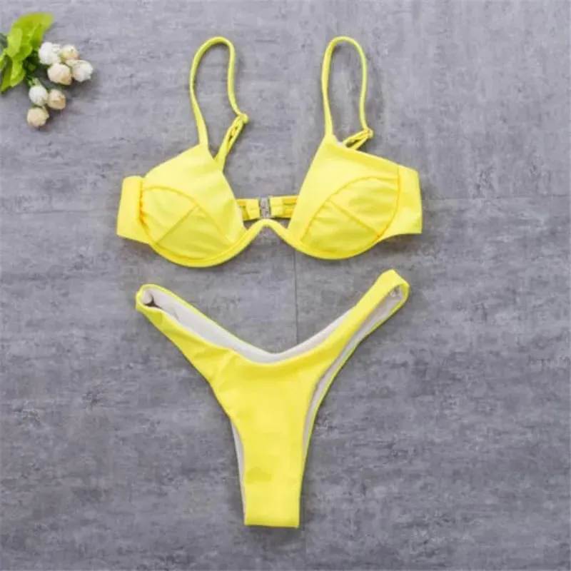 Women 2PCS Bikini Set Solid Color Wire Padded V-Shaped Back Buckle Bra Triangle High Waist Panty Summer Swimming Set Underwear — image 3