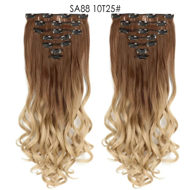 22Inch Curly 16 Clips in Hair Extension Ombre Blue Gray Synthetic Fake Hairpieces Highlight Heat Resistent Fiber For White Women
