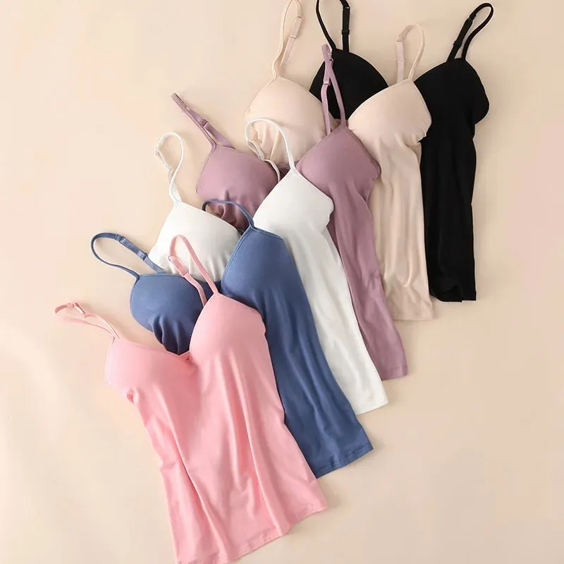 Women's Padded Bra Spaghetti Strap V Neck Vest Cami Tank Tops Shirt Blouse
