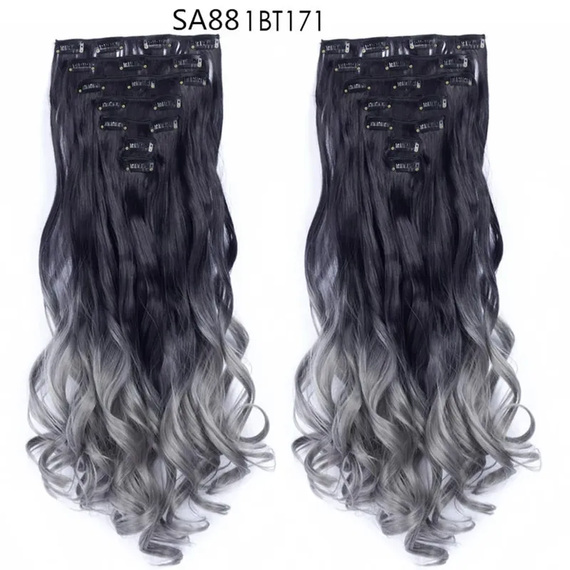 22Inch Curly 16 Clips in Hair Extension Ombre Blue Gray Synthetic Fake Hairpieces Highlight Heat Resistent Fiber For White Women